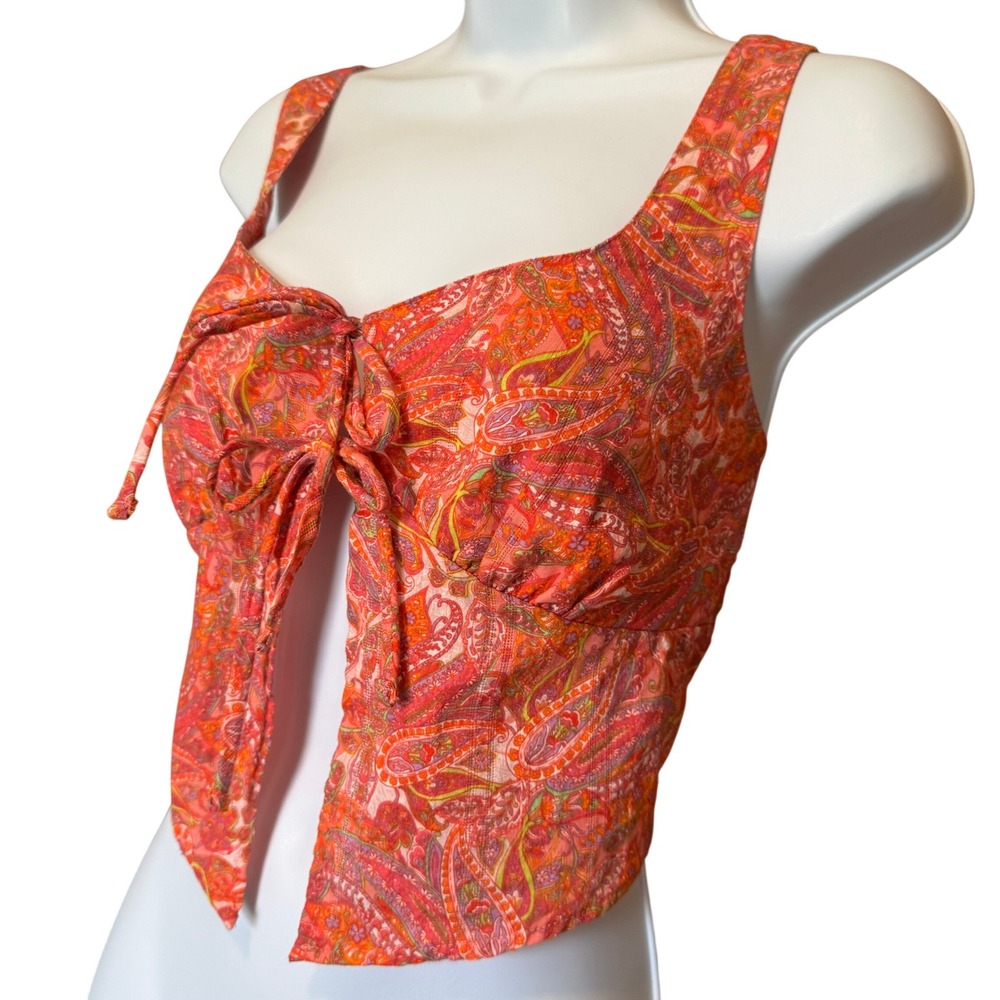 Y2K Festival Paisley Tie Front Tank Top Womens XS Boho Western Coastal‎ Cowgirl
